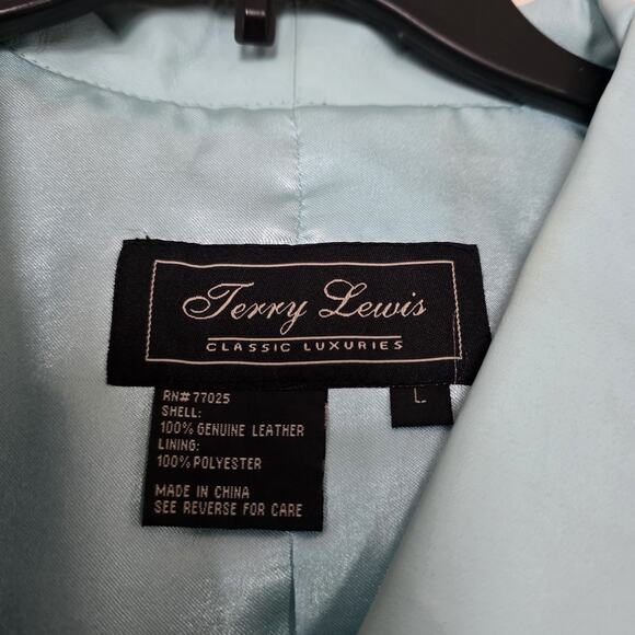 Vintage Baby Blue Leather Jacket Womens L Button Up Moto Y2K 90s Lined Pastel - Picture 9 of 11